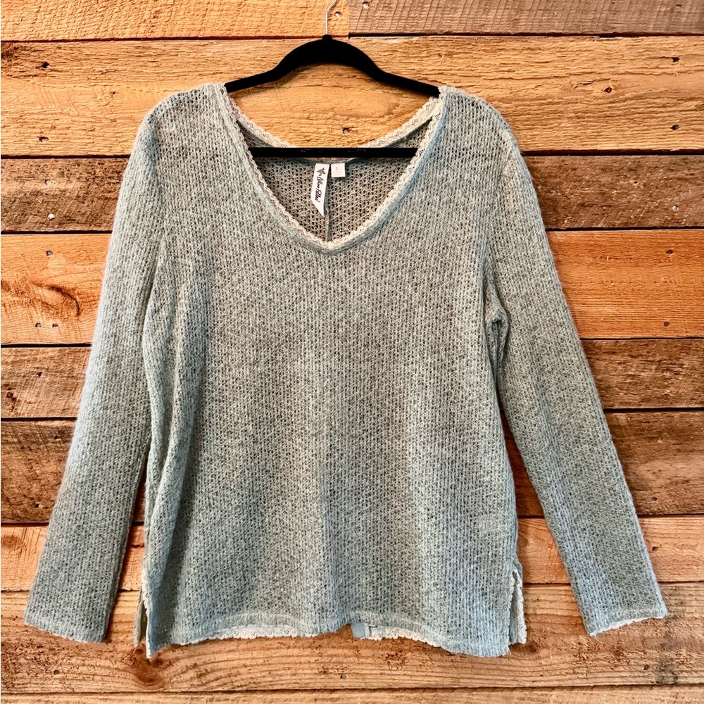 Others Follow Light green knit sweater with ivory trim lace Size L